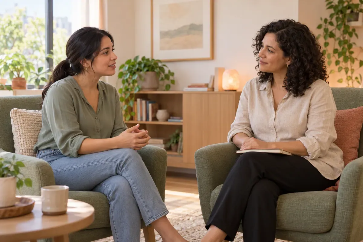 Mujer adulta y profesional preparando juntas una sesión, en una escena conceptual de psicoterapia EMDR.