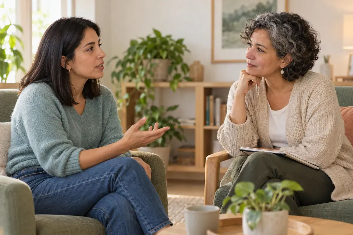 Dos mujeres adultas conversando con atención, en una escena conceptual de terapia basada en mentalización.