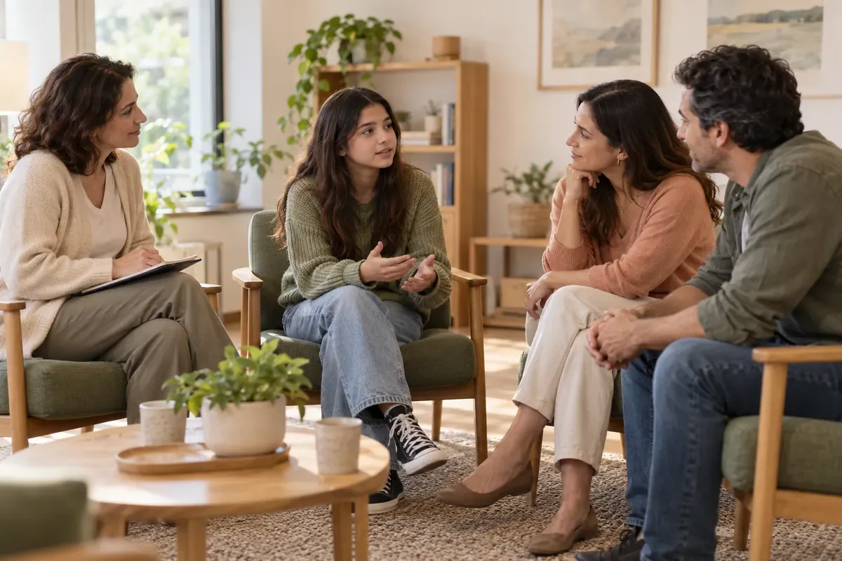 Familia y terapeuta participando en una conversación, en una escena conceptual de terapia sistémica.