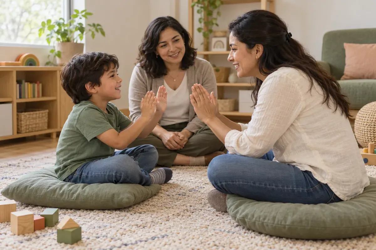 Niño y cuidadora compartiendo un juego acompañados por una terapeuta, en una escena conceptual de Theraplay.
