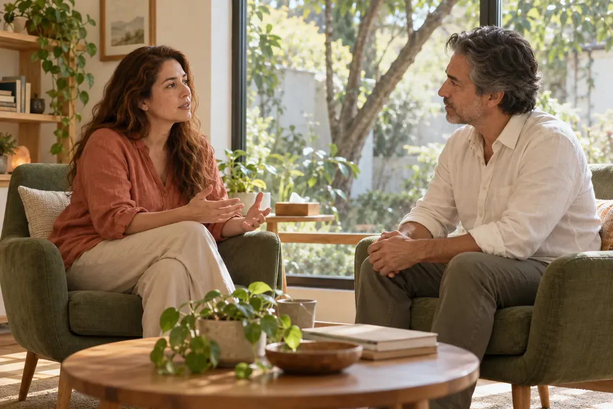 Mujer adulta y terapeuta conversando junto a una ventana con vegetación, en una escena conceptual de terapia transpersonal.