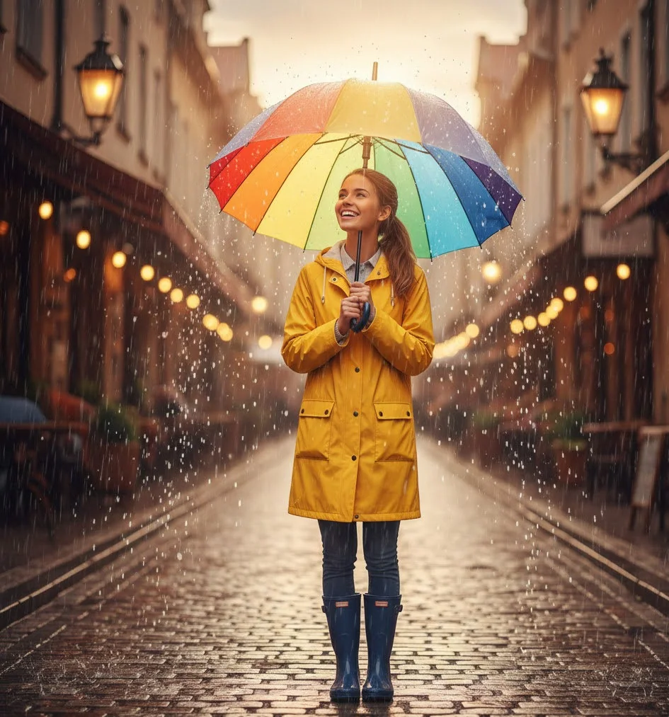 Mujer con impermeable amarillo y sombrilla arcoíris caminando bajo la lluvia en una calle empedrada. Su expresión transmite alegría y calma mientras el entorno iluminado refleja una atmósfera cálida y acogedora.